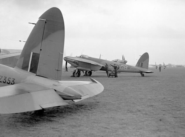 (1) 105 Squadron Mosquitos preparing to take-off from Marham on an operation