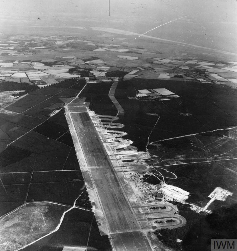 Oblique aerial view of the Emergency Landing Ground (ELG) at Woodbridge, Suffolk, seen from west-north-west.