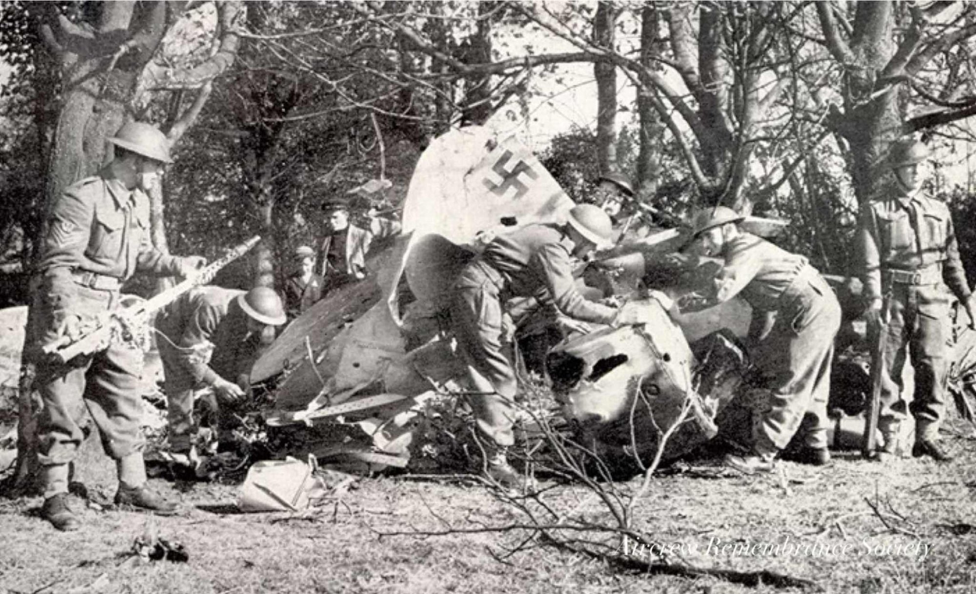 The wreck of Paul Lederer's Messerschmitt in Bedgebury Wood.