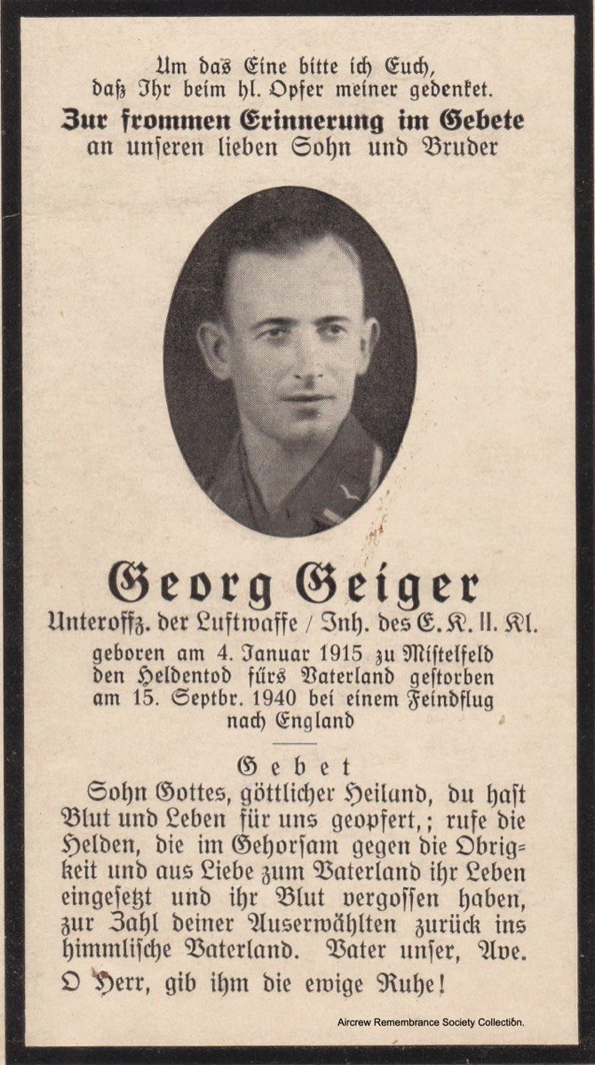 Family death card for Georg Geiger. (ARS Archive).