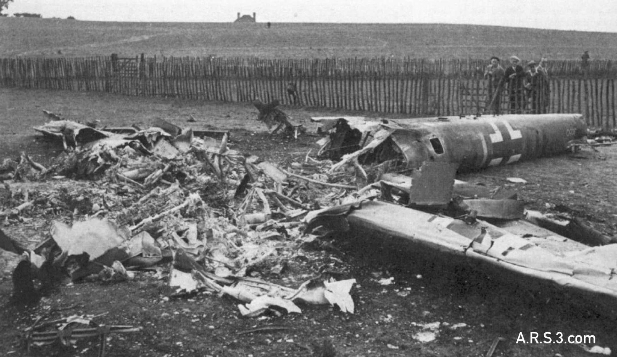 Crash site of Messerschmitt Me 110 Werke Nr. 3060 under investigation in 1940