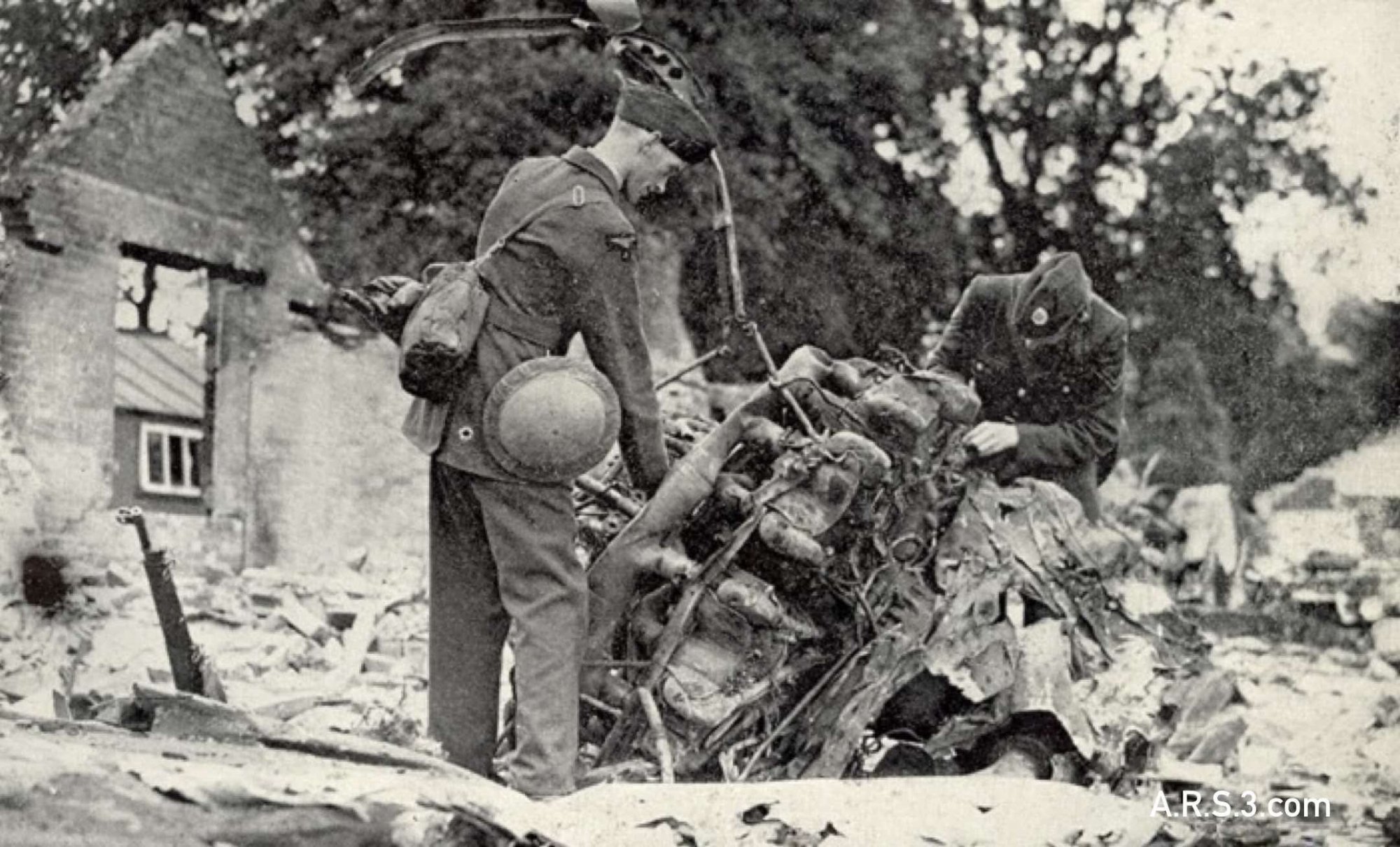 One of the Dorniers engines lies amidst the rubble of the small cottage "Sunnycroft"