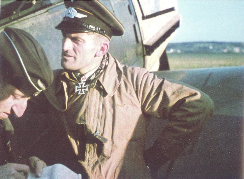Rare colour image of upcoming ace. Werner Machold pictured with his
Knights Cross, this was awarded after his 20th victory. (Via Parker).
