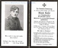 Family death notice in memory of 22 year old Alois Kefer. (Matthe)