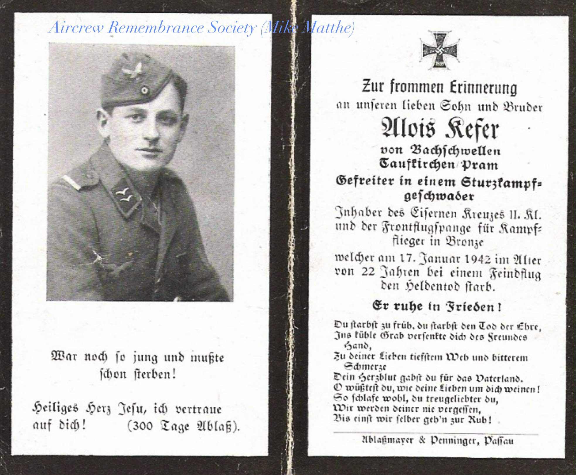 Family death notice in memory of 22 year old Alois Kefer. (Matthe)