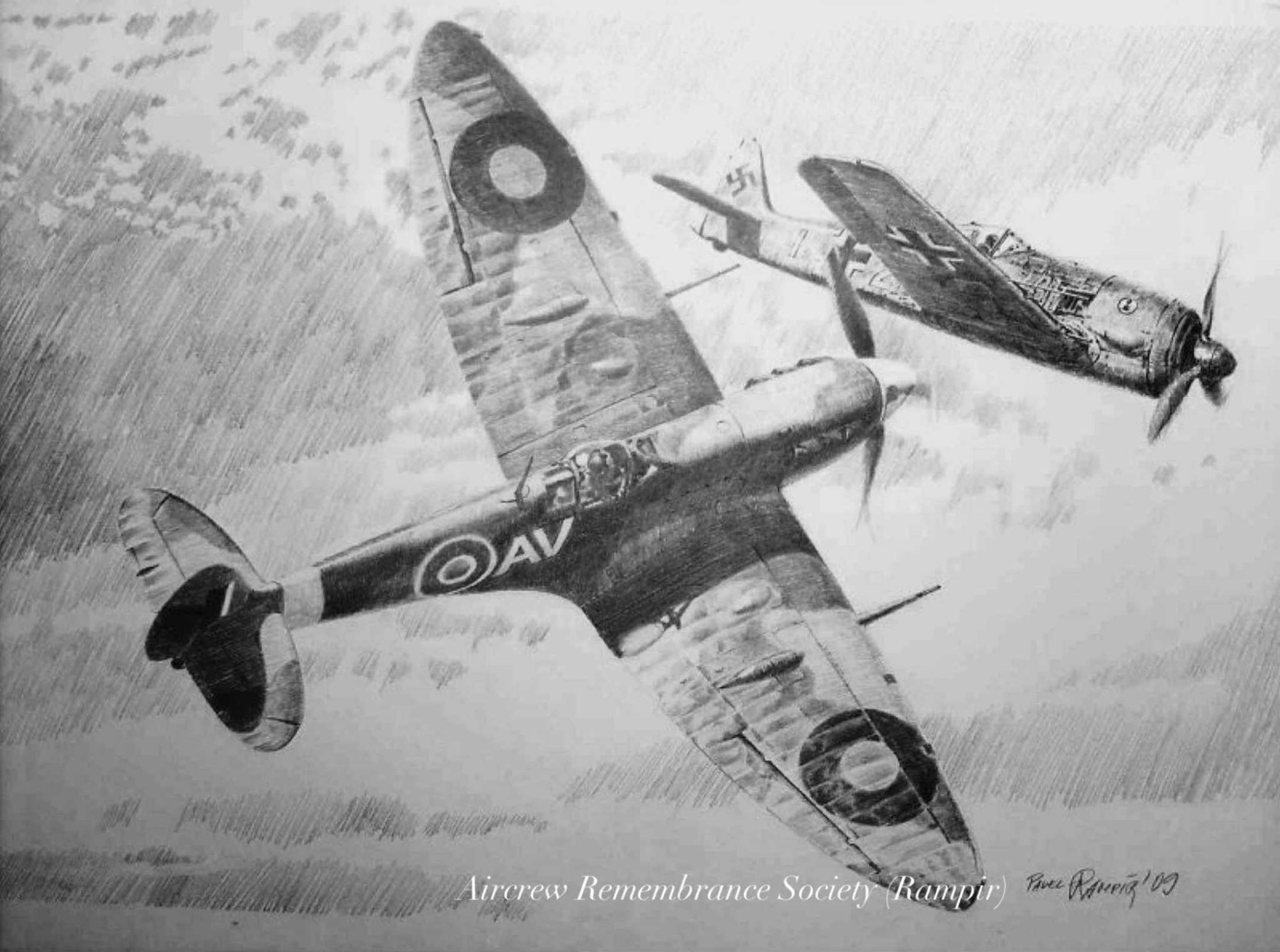A wonderful pencil drawing by Czech aviation artist Pavel Rampír depicting the incident. (Rampír)