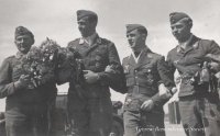 03.05.42 Reiser, Hund, Berndt & Störmer after return from enemy war flight,
having been attacked by two aircraft and suffered many hits managed to get back safely.