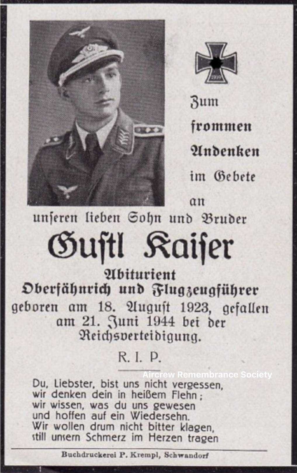 Death notice for Gustl Kaiser