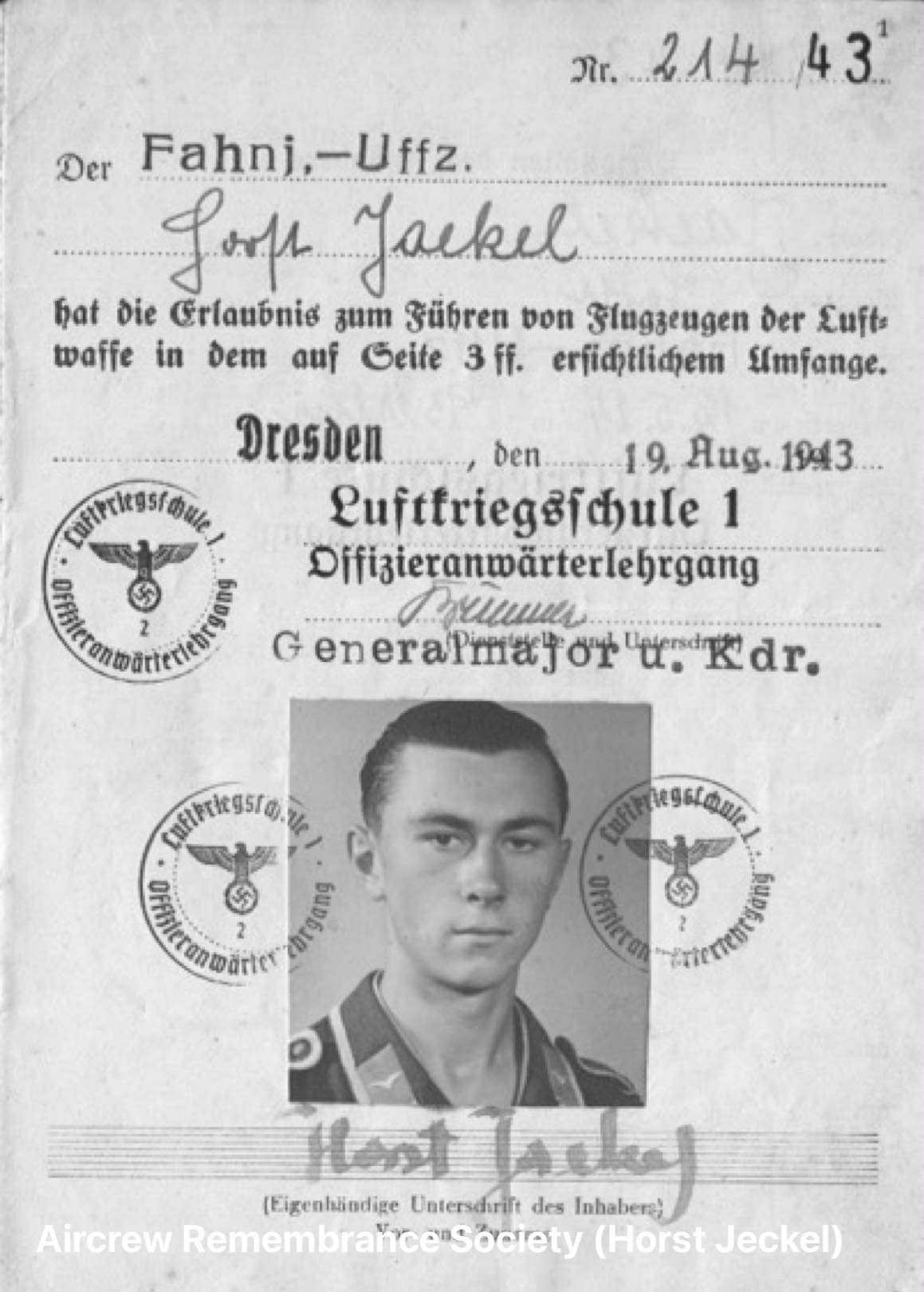 Pilots licence dated 19th August 1943 Horst Jaekel via(Jeckel)