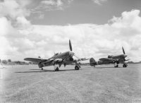 257 Squadron RAF Hawker Typhoon Mark IBs at readiness, Warmwell, Dorset. The further aircraft is JP494 'FM-D'. IWM.