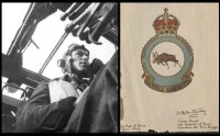 25.06.1943 419 Squadron Halifax II JD147 VR-C Fl/Lt. Burton N. Jost D.F.C. Left: Photograph of   Fl/Lt. Burton N. Jost D.F.C. at the controls of his 419 squadron Halifax taken looking up from the lower floor access to the nose turret and Bomb Aimers station. Right: The official squadron badge of Royal Canadian Air Force 419 Moose Squadron. The squadron motto, written in Cree Native Indian rather than the traditional Latin is 