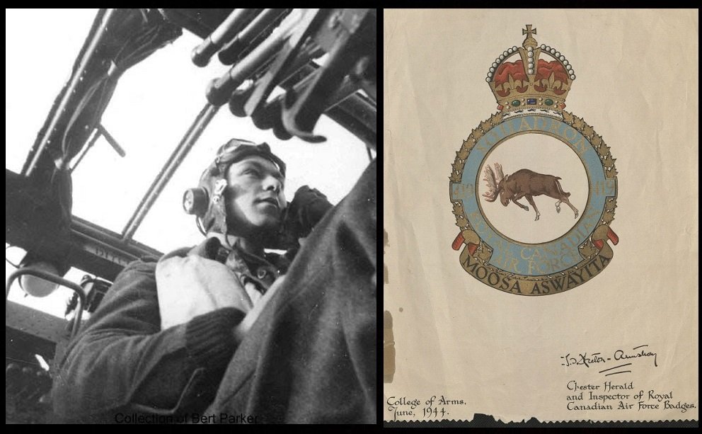 25.06.1943 419 Squadron Halifax II JD147 VR-C Fl/Lt. Burton N. Jost D.F.C. Left: Photograph of   Fl/Lt. Burton N. Jost D.F.C. at the controls of his 419 squadron Halifax taken looking up from the lower floor access to the nose turret and Bomb Aimers station. Right: The official squadron badge of Royal Canadian Air Force 419 Moose Squadron. The squadron motto, written in Cree Native Indian rather than the traditional Latin is "Moosa Aswayita" that translates to, "Beware of the Moose."  The centre image depicts the fierce fighter, the moose indigenous to Canada.
