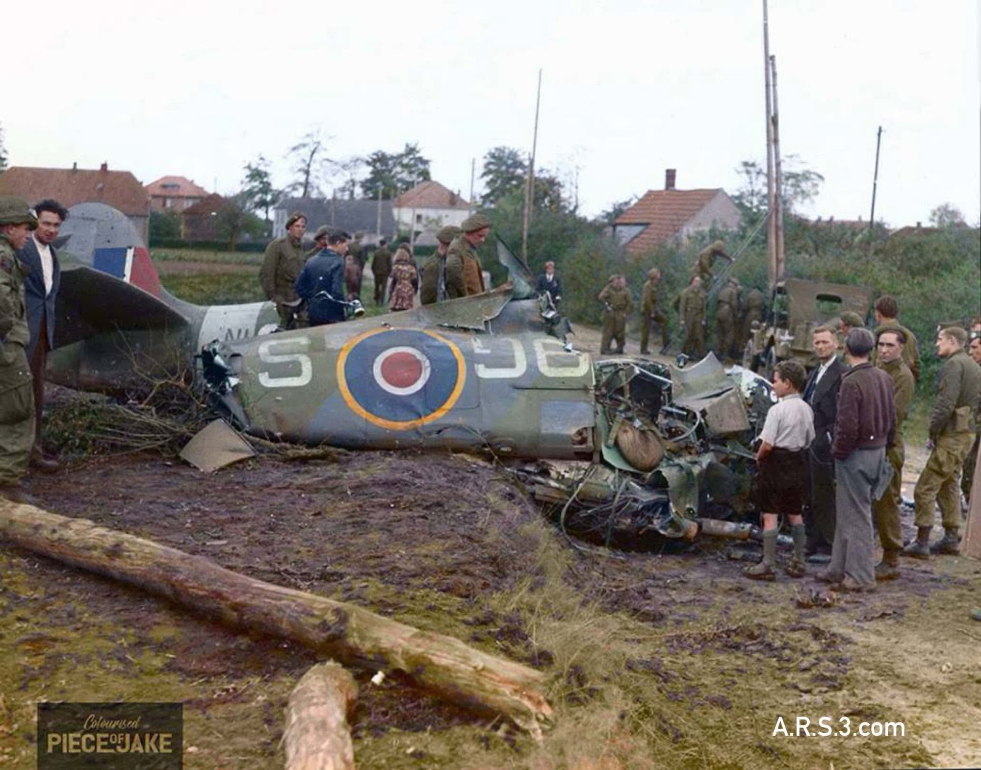 Wreckage of a Spitfire IX 9G+S (NH 151) of 441 squadron R.C.A.F. at Dorpssteeg Holland.