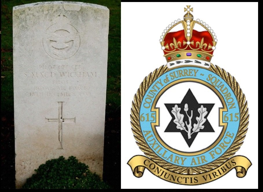 The grave of Pilot Officer Stanley Macdonald Wickham 40773 Royal Air Force, and the Squadron Badge of No. 615.