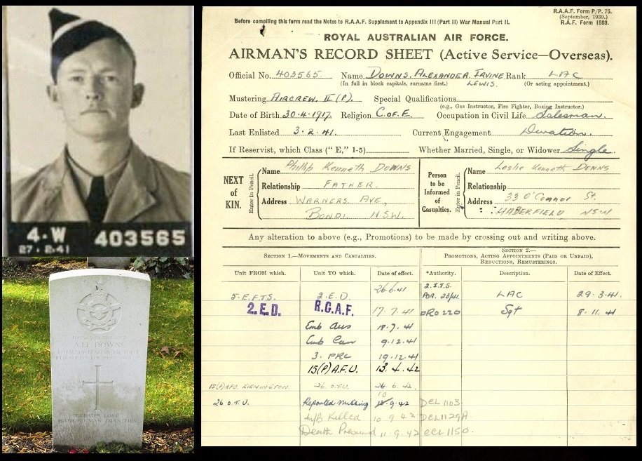 Photo of pilot Sgt Kearns and his grave at Jonkerbos War Cemetery, along with his service record which shows him joining 26 O.T.U. on the 26th June 1942, and just 77 days later reported missing on the 10th September 1942.