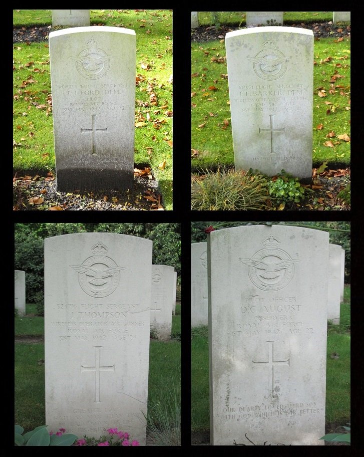 The graves of the four airmen killed on Wellington Ic DV707 -D Buried at Jonkerbos War Cemetery Holland. (Grave photos curtesy of Des Pilippet and Michel Beckers).