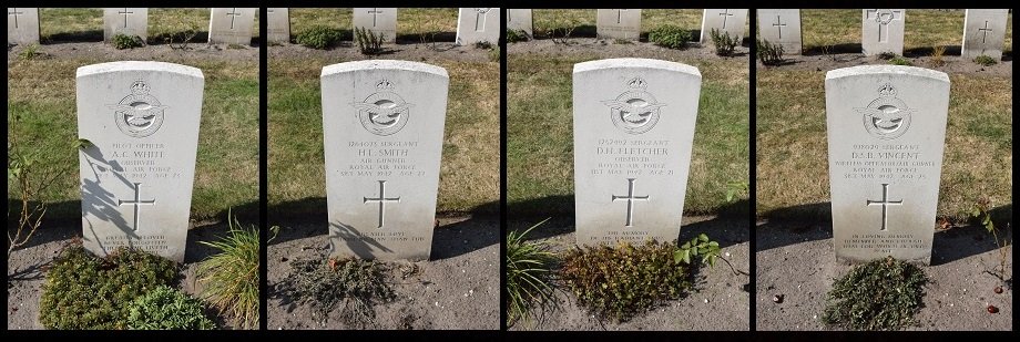 The graves of P/O A C White, Sgt H L Smith, Sgt D H Fletcher and Sgt D S B Vincent at Uden War Cemetery.
