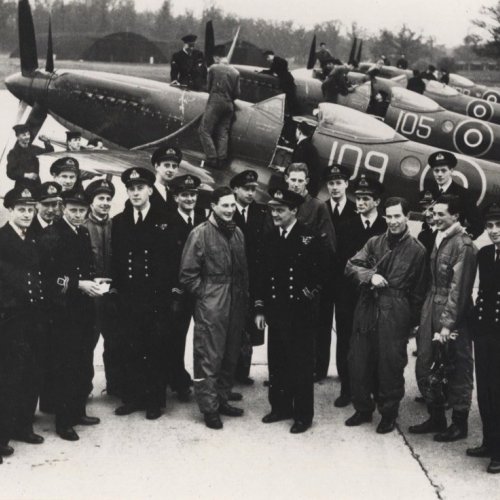 1832 Squadron pilots at R.N.A.S. Culham. 2nd from left Lt. Cdr (A) G McC Rutherford MBE DSC R.N.V.R. 5th from left Lieutenant Robert C MacLaren R.N.V.R.