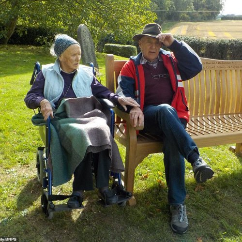 Pictured are Alistair and Sheila on a memorial bench recently unveiled for Ron in Worcestershire. Alistair was born during the war and Ron spent just a single day with his newborn son before returning to action