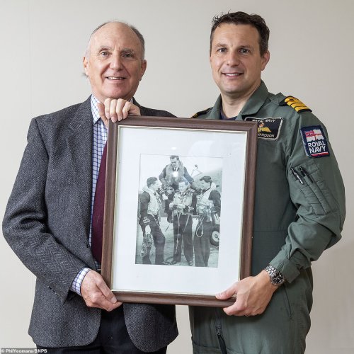 Alistair and his son Philip, pictured together, tracked down the crashed aircraft and visited Norway. Alistair was born during the war and Ron spent just a single day with his newborn son before returning to action
