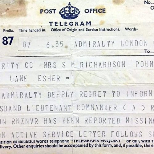His plane was last seen having been hit in the operation but pulling up into the clouds. However, he was never seen again. A few days later, Sheila received the dreaded telegram informing her Ron was missing presumed killed on active service