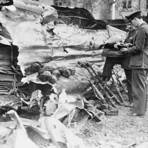 Scene of devastation after the Heinkel crashed and exploded.