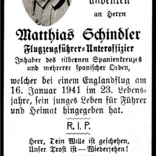 Family death notice for the pilot Mathias Schindler.