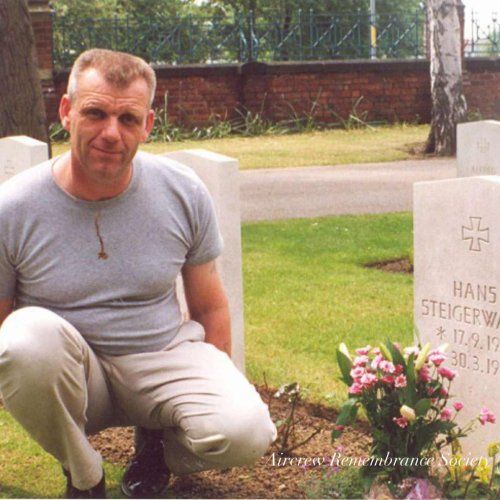Melvin pictured during his first visit to place flowers on the grave of Hans Steigerwald. June 2002. (Brownless)