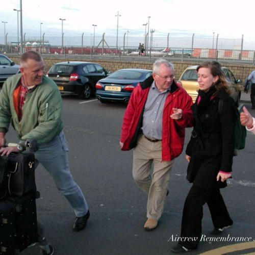 The Steigerwald family arrive at Newcastle Airport from Partenstein, Germany to be met by Bill Norman (Aviation Historian) and Melvin Brownless (Aircrew Remembrance Society).