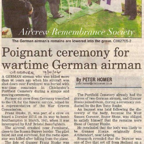 Local newspaper report of the burial at Chichester Cemetery of the mortal remains of Franz Huske.