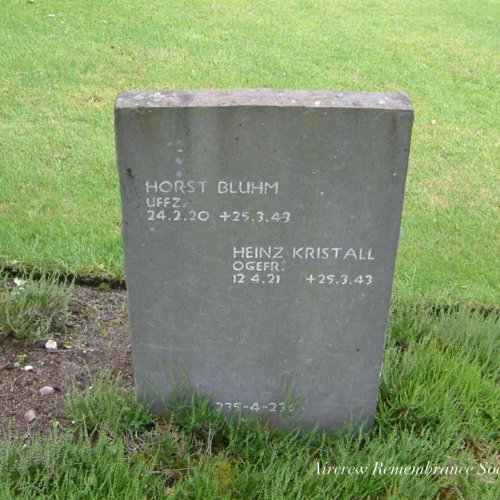 Burial details: Deutsche Soldatenfriedhof Cannock Chase, Staffs, England.

Fritz Foerster. Block 4 Row 17 Grave 238. Willi Euler. Block 4 Row 17 Grave 237. (Forscher).

Horst Bluhm. Block 4 Row 17 Grave 235. Heinz Kristall. Block 4 Row 17 Grave 236. (Foscher).