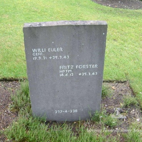 Burial details: Deutsche Soldatenfriedhof Cannock Chase, Staffs, England.

Fritz Foerster. Block 4 Row 17 Grave 238. Willi Euler. Block 4 Row 17 Grave 237. (Forscher).

Horst Bluhm. Block 4 Row 17 Grave 235. Heinz Kristall. Block 4 Row 17 Grave 236. (Foscher).