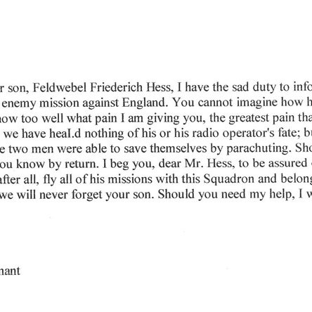 Translation of letters of condolence from 16./KG2 Staffelkapitän Oblt. Hermann Walther to the father of Friedrich dated January 1944.