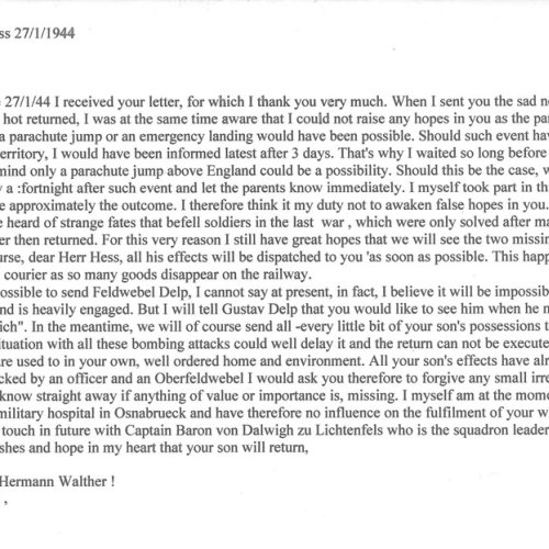 Translation of letters of condolence from 16./KG2 Staffelkapitän Oblt. Hermann Walther to the father of Friedrich dated January 1944.