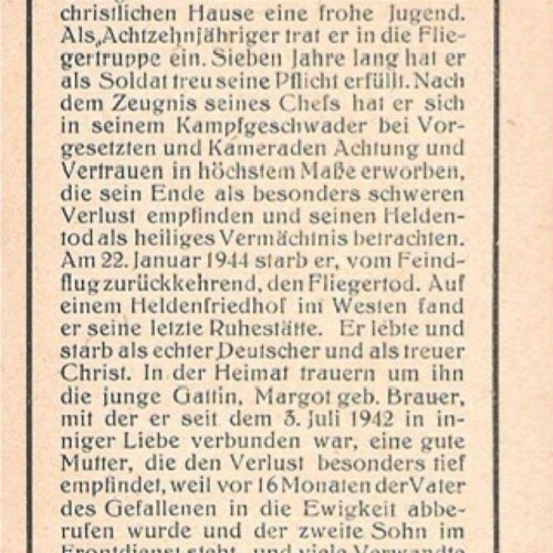 Death notice for Theodor Schlagkamp the ill-fated (Bordmechaniker)