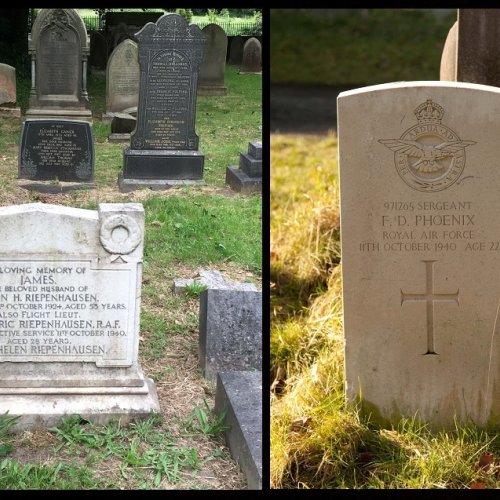 (Left to Right) The graves of Flight Lieutenant (Pilot) James Eric Riepenhausen (Christine Hough) and Sergeant (W.Op) Frederick Douglas Phoenix (Richard Minshull)