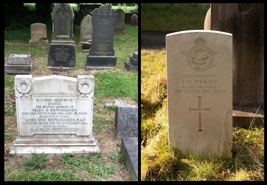 (Left to Right) The graves of Flight Lieutenant (Pilot) James Eric Riepenhausen (Christine Hough) and Sergeant (W.Op) Frederick Douglas Phoenix (Richard Minshull)