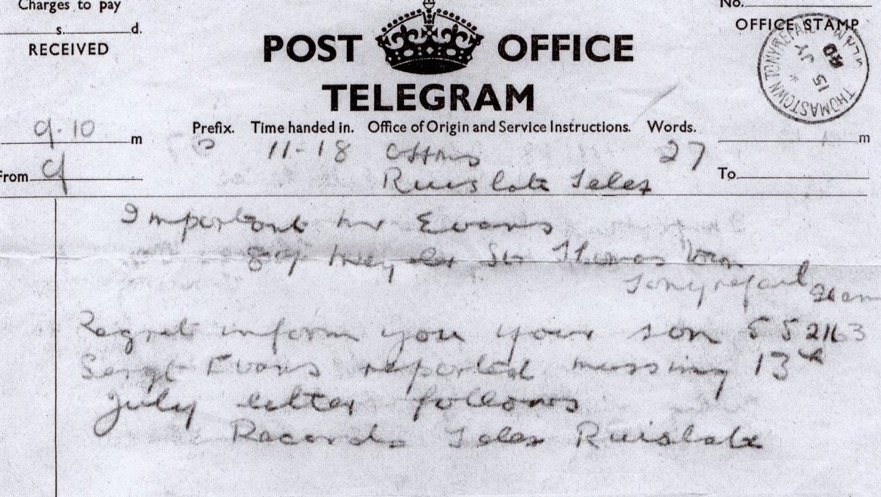 Telegram dated 15th July 1940 reporting Arfon missing on the 13th.