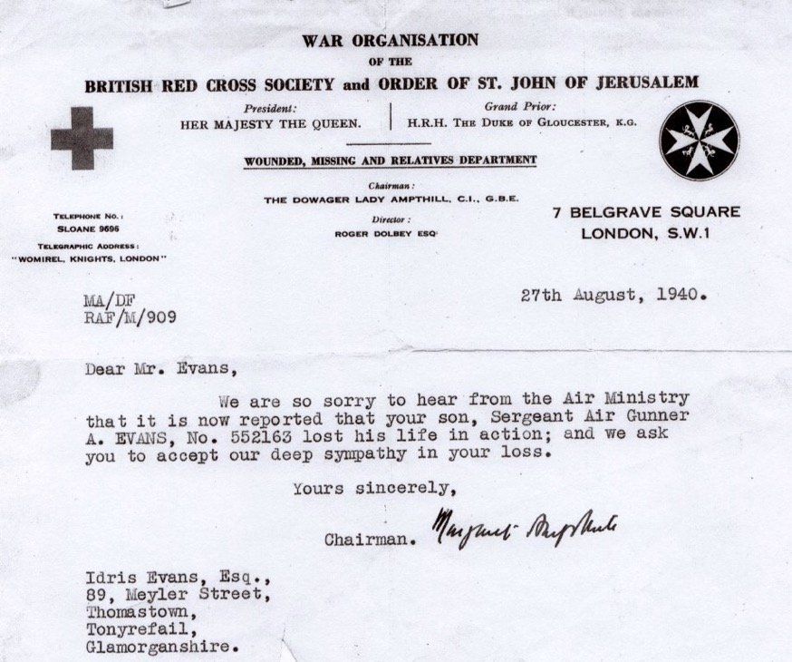 Letter of condolence reporting Arfon’s death on the 13th, from The British Red Cross sent 27th August 1940.