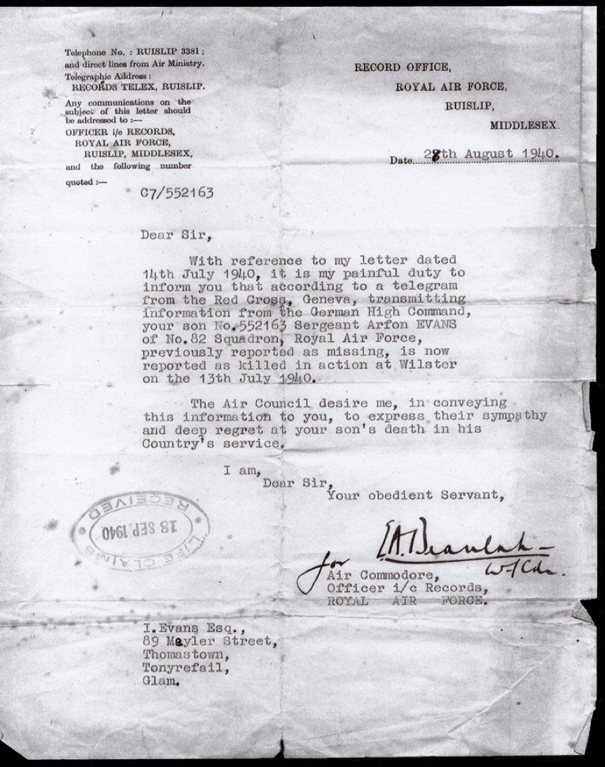 Letter of condolence from the R.A.F. sent 28th August 1940.