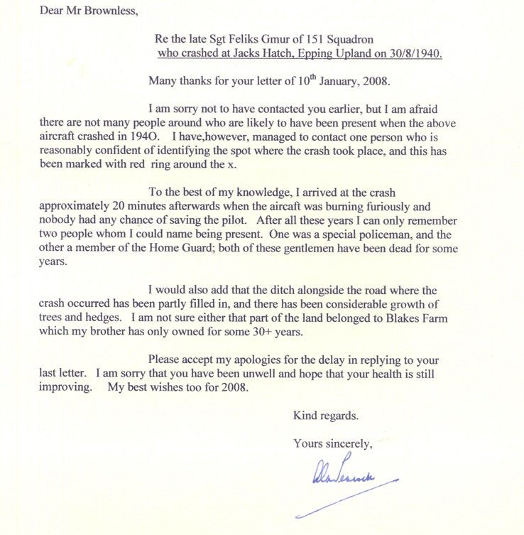 Location of the crash site was sought, and after writing to Blakes Farm we were contacted by Mr. Alan J. Peacock, who aged 12 witnessed the crash of Sgt Gmur. Below the letter from Alan to M.Brownless;