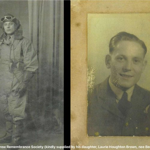 Sgt. Terence Charles Beddows the sole survivor from the crash of T2574, photo in flying gear (left) and portrait photo (right )(kindly supplied by his daughter, Laurie Houghton Brown, nee Beddows.)
