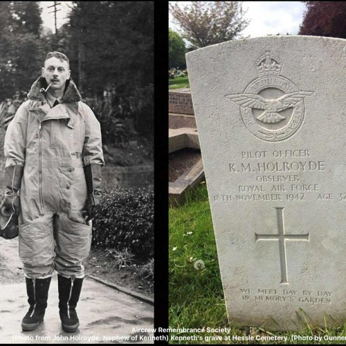 PO Kenneth Marshall Holroyde in flying gear. (Photo from John Holroyde, Nephew of Kenneth) Kenneth’s grave at Hessle Cemetery. (Photo by Gunner)