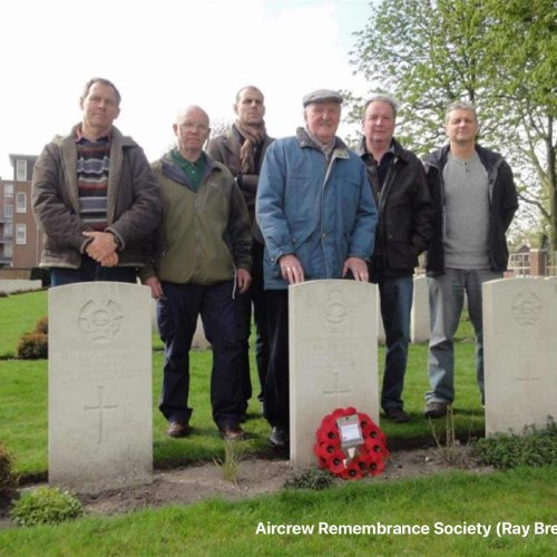 Len Brettle lays a wreath at the grave of his brother Les with his family by his side. From left to right - Ray Brettle, Les Brettle (my brother) Robin Brettle (my son) Len Brettle, Keith Brettle (Lens son, my cousin) Steven Brettle (Lens son, my cousin) (via Brettle).
