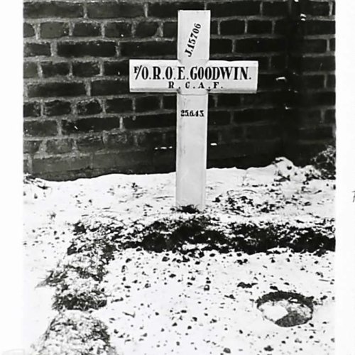 Original Grave marker of W/Op/Air/Gnr: F/O. Robert Oscar Evans Goodwin J/15706 RCAF. (Halifax II JD147)