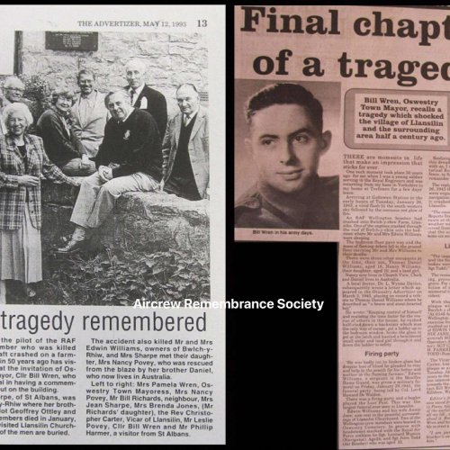(Right) Newspaper article published in January 20th 1993, where an eye witness on the night of the crash describes the bravery of the 16 year old son of the couple killed, in saving the life of his 10 year old sister and the Land Army girl trapped in the house. (Left) A second article published May 12th 1993 that records a visit to the crash site by the sister of the pilot.