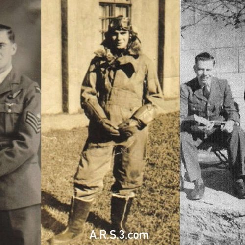 Above left to right: Fl/Sgt. Brinley Hinks, Sgt. John Bell, Fl/Sgt. Brinley Hinks in flying gear, P/O. Percy Lyford D.F.C, taken whilst on leave (see credits)