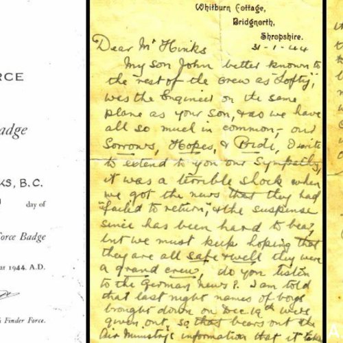 Pathfinder badge citation presented to Fl/Sgt. Hinks, and two page letter sent to his father from Ronald Ames Bowen, the father of Fl/Sgt. Roland John Bowen.