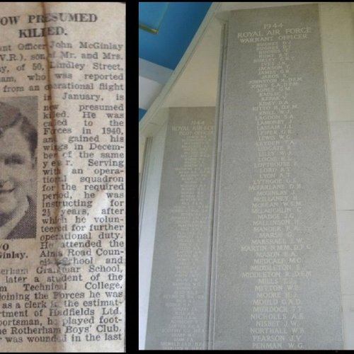 Newspaper cutting from the Rotherham Advertiser - Saturday 28 October 1944. John McGinlay’s name on panel 214 of The Runnymede Memorial.
