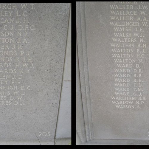The names of Air/Bmr F/O John Arthur Dutton (Panel 205), and Air/Gnr Sgt William Joseph Walsh (Panel 239) The Runnymede Memorial.
